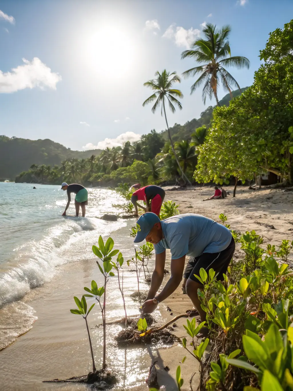 A vibrant photo of volunteers planting native trees along the Côté Bleue coastline, showcasing APEDCB's commitment to reforestation and coastal preservation.