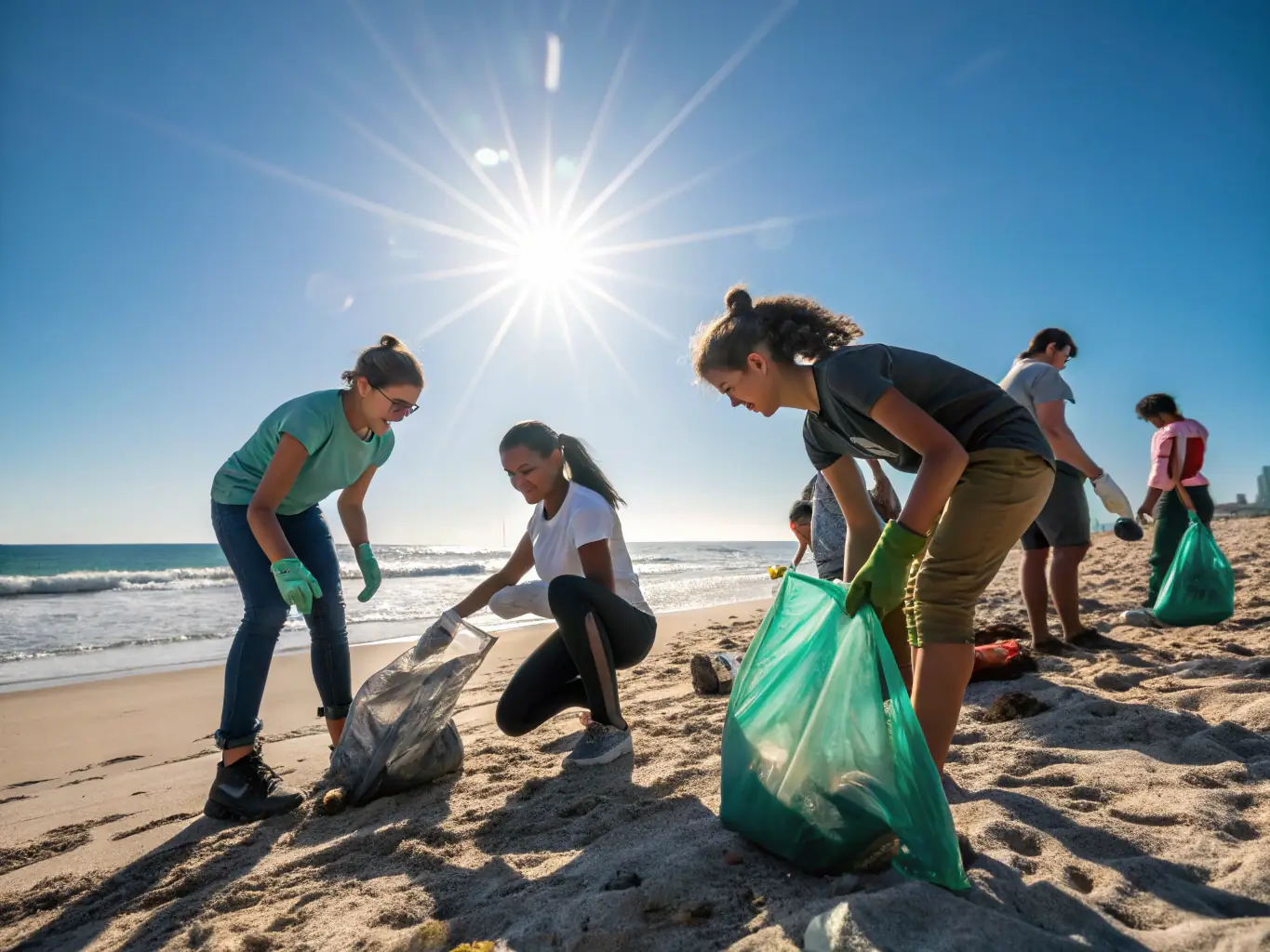 A vibrant photograph capturing a group of volunteers cleaning up a beach in the Côte Bleue region, emphasizing community involvement in environmental conservation.