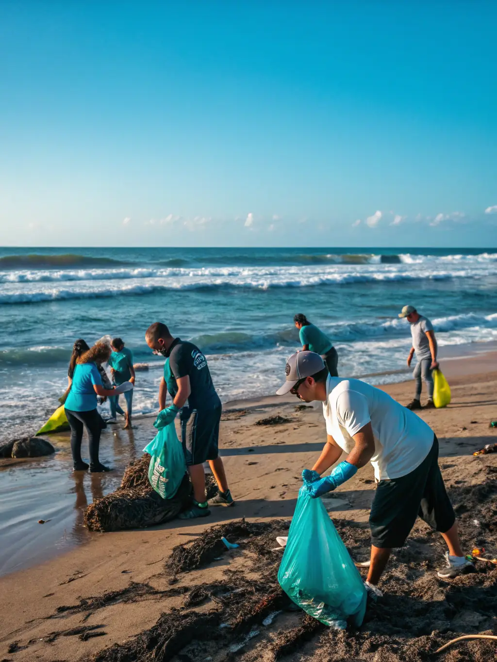 A heartwarming image of APEDCB volunteers cleaning up a local beach, demonstrating their dedication to environmental stewardship.